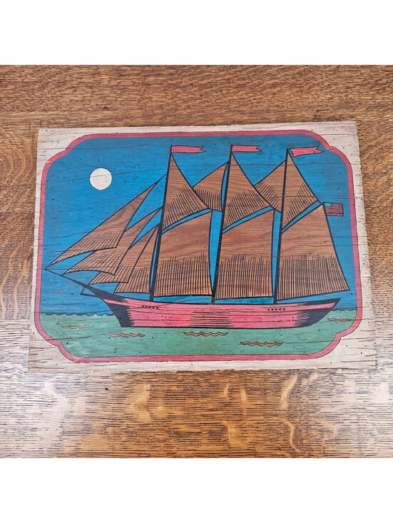 Estate Other - Vintage Folk Art Tall Ship Painted Wood Panel Nautical Wall Hanging 16x12